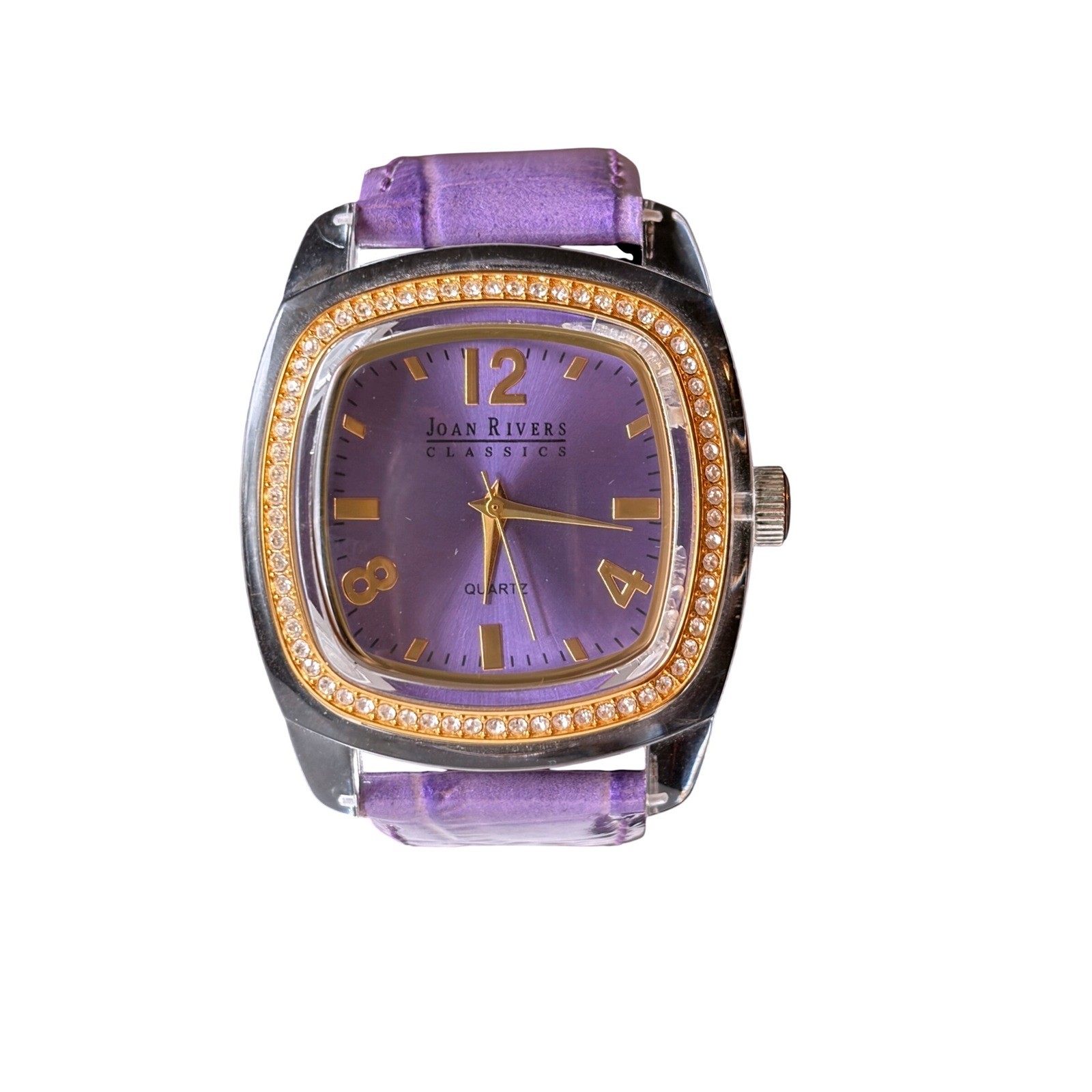 Joan Rivers Classics Purple Dial Crystal Bezel Acrylic Case Leather Watch