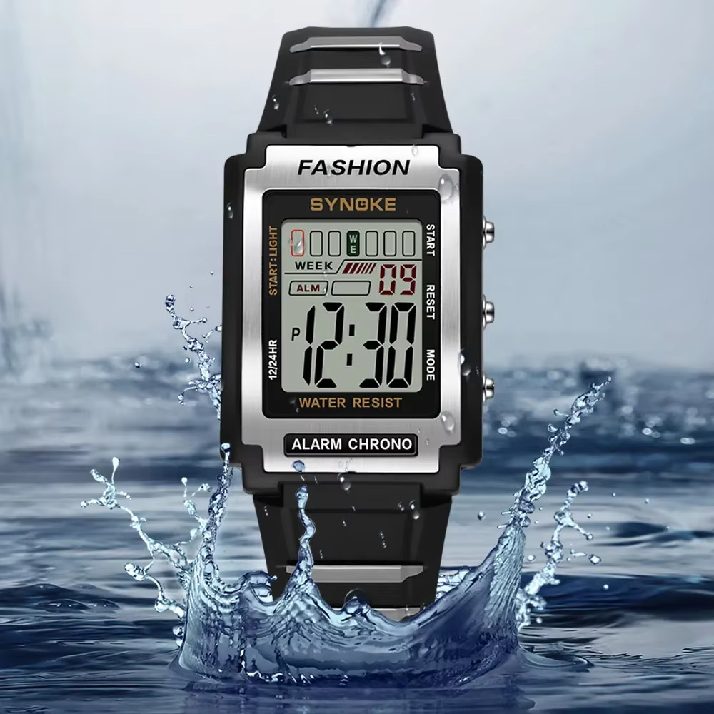 Men Rectangular Sports Electronic Watch Waterproof 50M Night Light Large Screen
