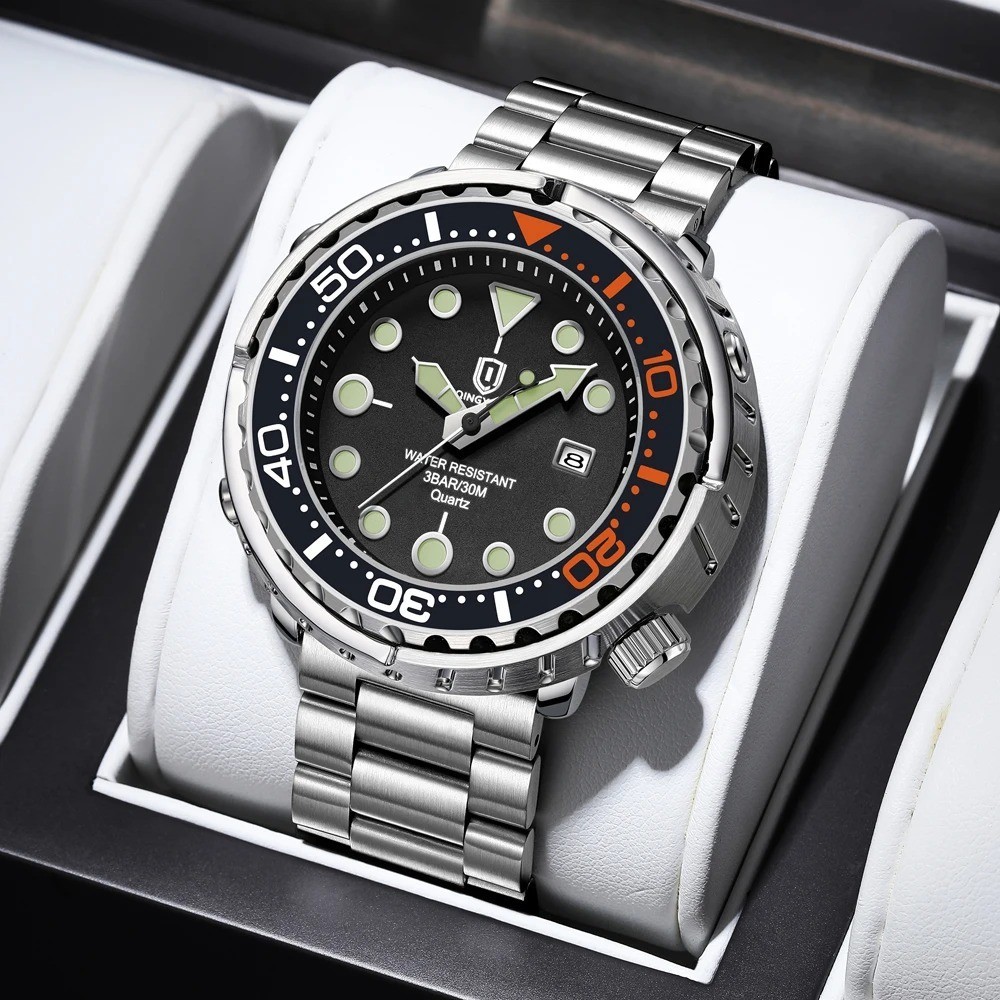 QINGXIYA —Diver-style “Tuna Can” watch — Stainless steel — Quartz —