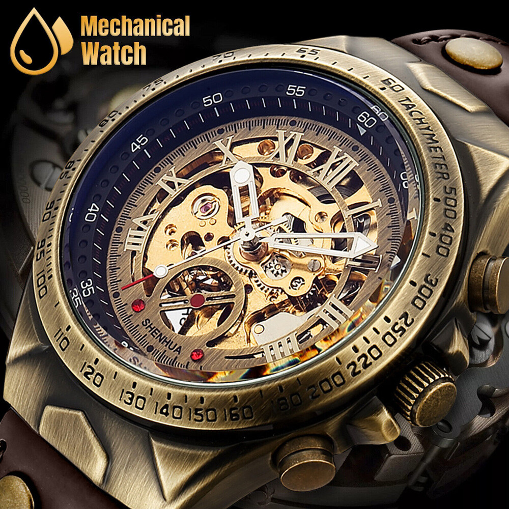 Luxury Men’s Automatic Mechanical Wrist Watch Leather Strap Retro Skeleton Dial