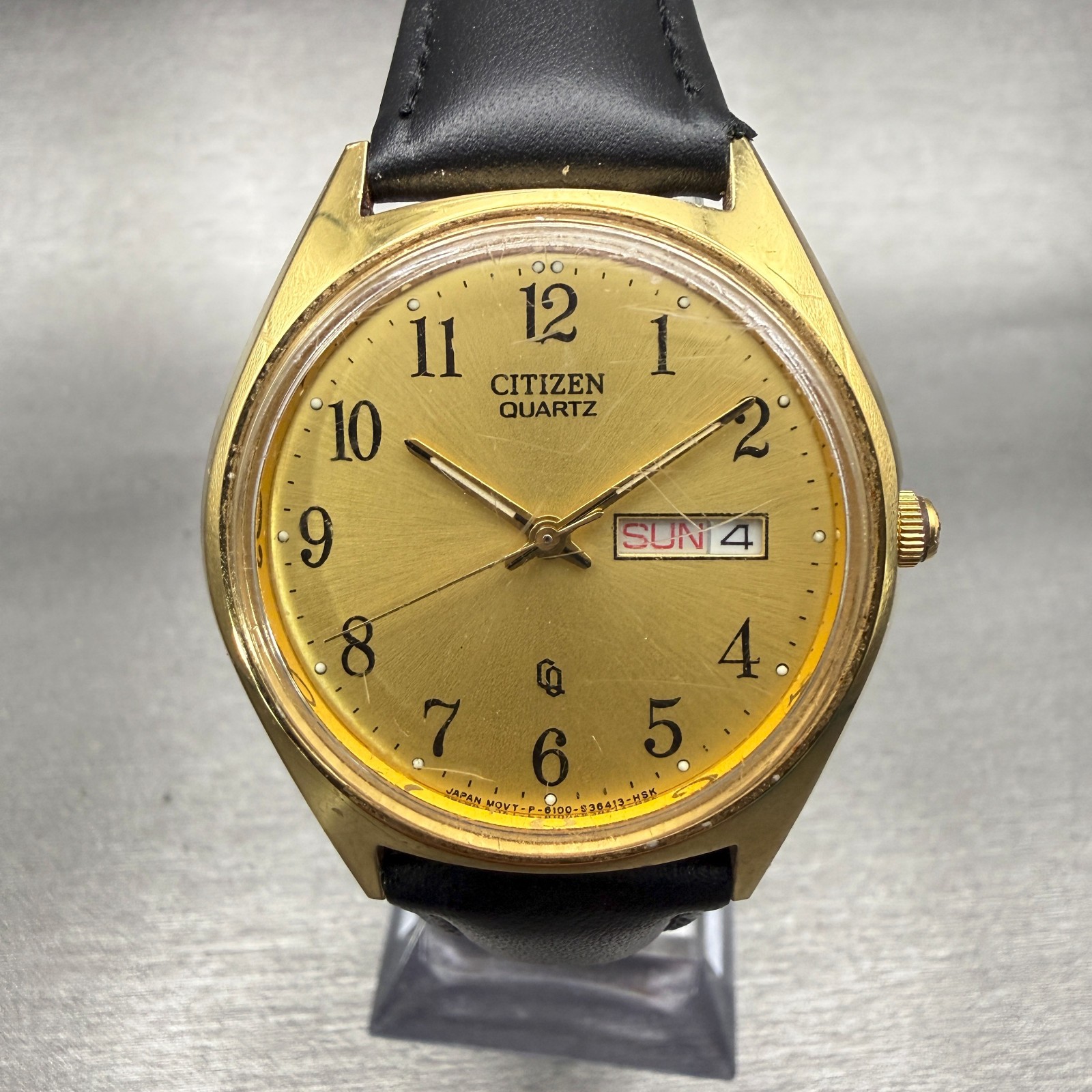 Citizen CQ Watch Men 36mm Gold Dial Gold Tone Daydate Round 6100-S24876 New Batt