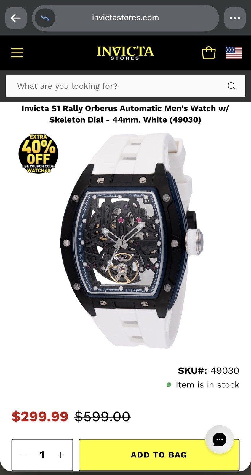 Invicta S1 Rally Orberus Automatic Skeleton 44mm Black Dial White Strap w/ Box