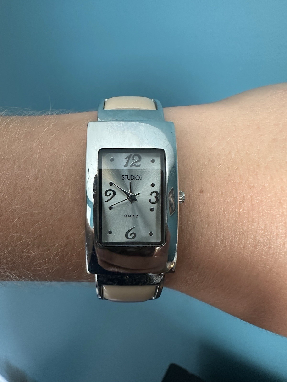 Studio Studio Time Quartz Silver-Tone Rectangle Dial Beige/Silver Bangle Watch