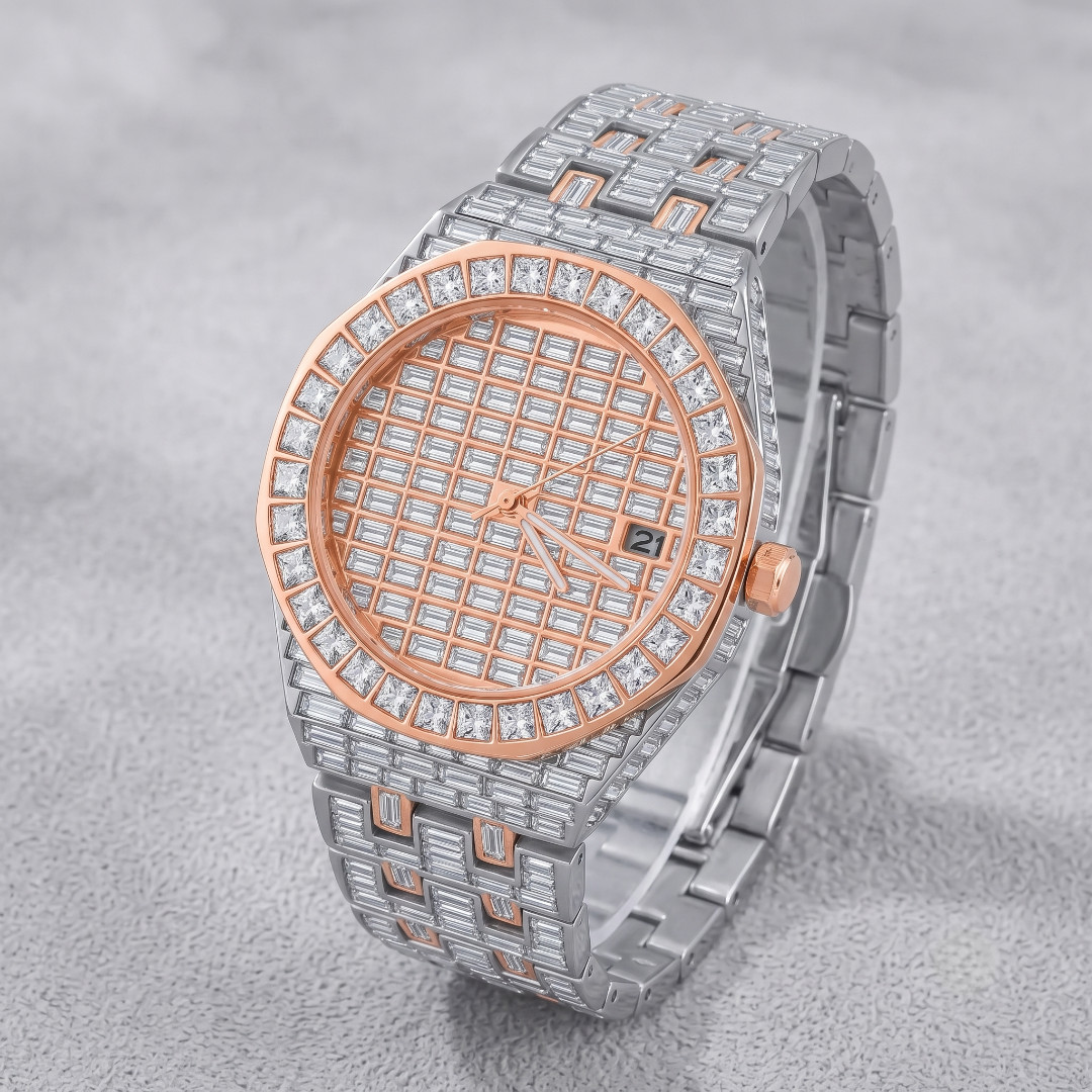 Men’s Baguette Iced Out 18K Watch Rose Gold Silver CZ Date Quartz 40mm