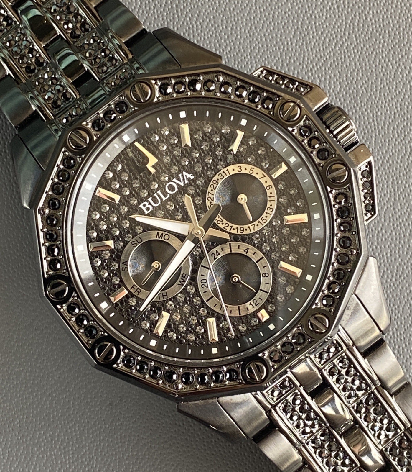 🔥 NOB Bulova Octava 98C134 Black Crystal Pave Mens Stainless Steel Watch 41mm
