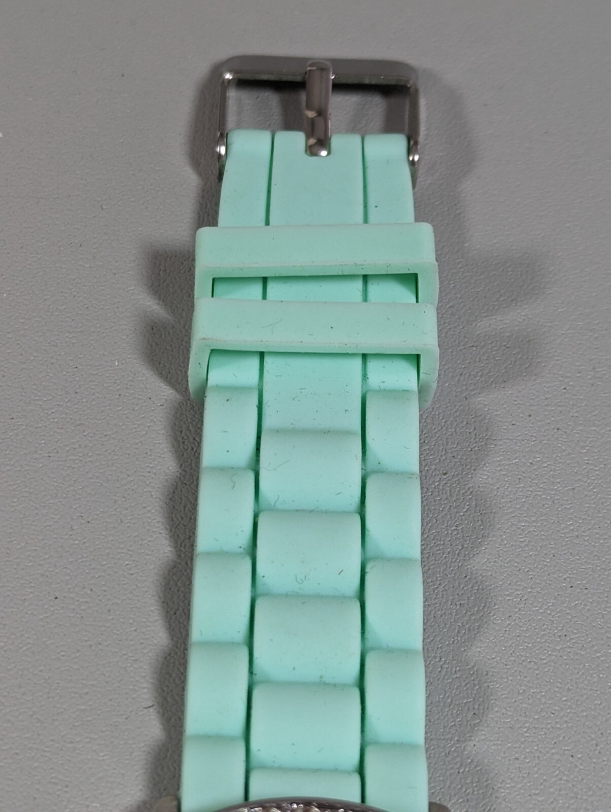 Green Dial Crystal Accent Round Silver Tone Case Green Silicone Band Watch